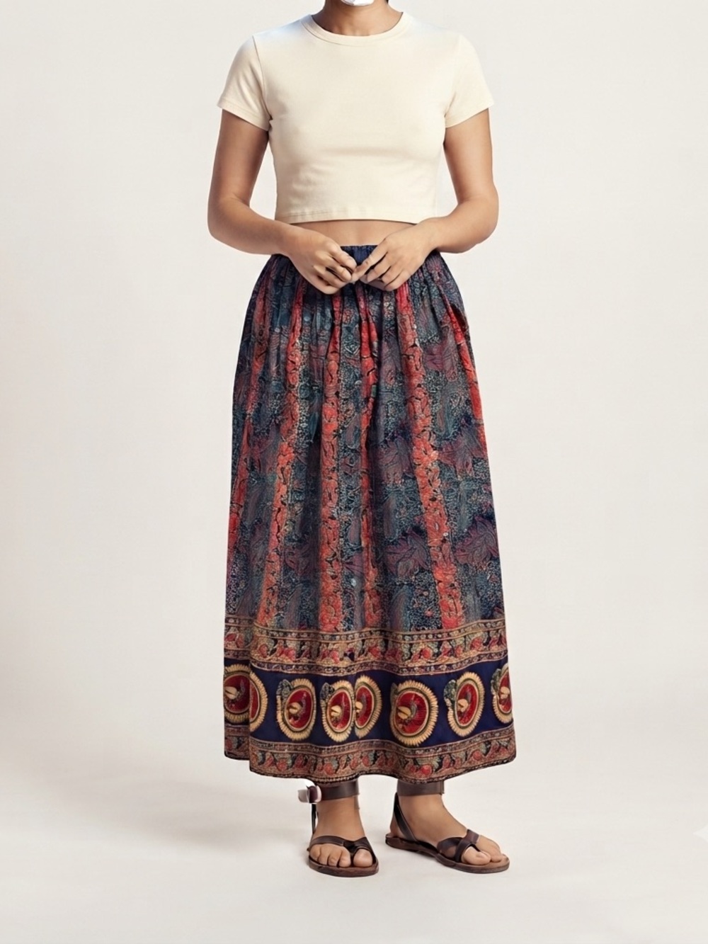 Vintage Royalty Peacock Skirt Sz M Multicolor Floral Boho Maxi Festival Hippie